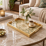 Ramadan Decorative Glass Serving Tray – Daisy Ring Script Medallion glass serving tray shown in a first styled room scene.