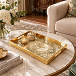 Ramadan Decorative Glass Serving Tray – Daisy Ring Script Medallion glass serving tray shown in a second styled room scene.
