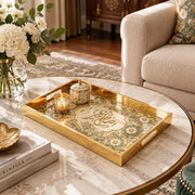 Ramadan Decorative Glass Serving Tray – Daisy Ring Script Medallion glass serving tray shown in a second styled room scene.