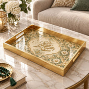 Ramadan Decorative Glass Serving Tray – Daisy Ring Script Medallion glass serving tray shown in a product view.