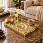 Ramadan Decorative Glass Serving Tray – Star Ring Script Medallion glass serving tray shown in a first styled room scene.