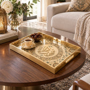 Ramadan Decorative Glass Serving Tray – Star Ring Script Medallion glass serving tray shown in a second styled room scene.