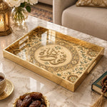 Ramadan Decorative Glass Serving Tray – Star Ring Script Medallion glass serving tray shown in a product view.