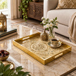 Ramadan Decorative Glass Serving Tray – Banded Script Cartouche glass serving tray shown in a second styled room scene.