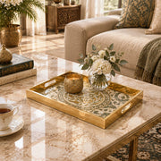 Ramadan Decorative Glass Serving Tray – Interlaced Script Wreath glass serving tray shown in a first styled room scene.