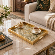 Ramadan Decorative Glass Serving Tray – Interlaced Script Wreath glass serving tray shown in a second styled room scene.