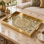 Ramadan Decorative Glass Serving Tray – Interlaced Script Wreath glass serving tray shown in a product view.