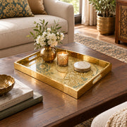 Ramadan Decorative Glass Serving Tray – Thuluth Calligraphy Panel glass serving tray shown in a first styled room scene.