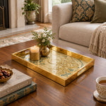 Ramadan Decorative Glass Serving Tray – Thuluth Calligraphy Panel glass serving tray shown in a second styled room scene.