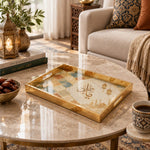 Ramadan Decorative Glass Serving Tray – Zellige Mosque Lanterns glass serving tray shown in a second styled room scene.