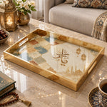 Ramadan Decorative Glass Serving Tray – Zellige Mosque Lanterns glass serving tray shown in a product view.
