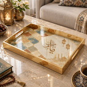 Ramadan Decorative Glass Serving Tray – Zellige Mosque Lanterns glass serving tray shown in a product view.