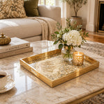 Ramadan Decorative Glass Serving Tray – Floral Scroll Calligraphy glass serving tray shown in a first styled room scene.