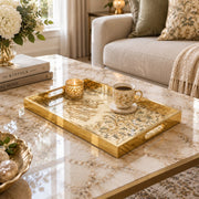 Ramadan Decorative Glass Serving Tray – Floral Scroll Calligraphy glass serving tray shown in a second styled room scene.
