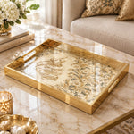 Ramadan Decorative Glass Serving Tray – Floral Scroll Calligraphy glass serving tray shown in a product view.