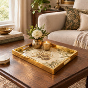 Ramadan Decorative Glass Serving Tray – Four Corner Blossom Script glass serving tray shown in a first styled room scene.