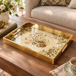 Ramadan Decorative Glass Serving Tray – Four Corner Blossom Script glass serving tray shown in a product view.