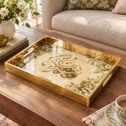 Ramadan Decorative Glass Serving Tray – Four Corner Blossom Script glass serving tray shown in a product view.