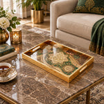 Ramadan Decorative Glass Serving Tray – Eight Point Star Medallion glass serving tray shown in a first styled room scene.
