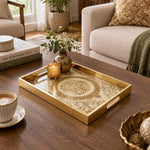 Ramadan Decorative Glass Serving Tray – Ivory Concentric Medallion glass serving tray shown in a first styled room scene.