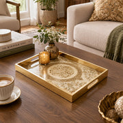 Ramadan Decorative Glass Serving Tray – Ivory Concentric Medallion glass serving tray shown in a first styled room scene.