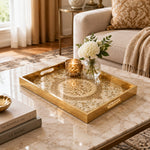 Ramadan Decorative Glass Serving Tray – Ivory Concentric Medallion glass serving tray shown in a second styled room scene.