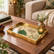 Ramadan Decorative Glass Serving Tray – Green Dome Mosque Script glass serving tray shown in a first styled room scene.