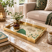 Ramadan Decorative Glass Serving Tray – Green Dome Mosque Script glass serving tray shown in a second styled room scene.