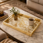 Ramadan Decorative Glass Serving Tray – Gold Lace Oval Medallion glass serving tray shown in a first styled room scene.