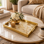 Ramadan Decorative Glass Serving Tray – Gold Lace Oval Medallion glass serving tray shown in a second styled room scene.