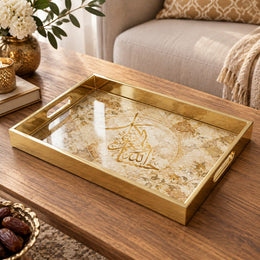 Ramadan Decorative Glass Serving Tray – Gold Lace Oval Medallion glass serving tray shown in a product view.