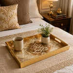 Ramadan Decorative Glass Serving Tray – Sepia Oval Calligraphy glass serving tray shown in a first styled room scene.