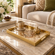 Ramadan Decorative Glass Serving Tray – Sepia Oval Calligraphy glass serving tray shown in a second styled room scene.