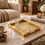 Ramadan Decorative Glass Serving Tray – Blossom Calligraphy Roundel glass serving tray shown in a first styled room scene.