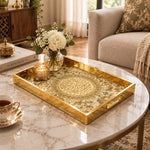 Ramadan Decorative Glass Serving Tray – Blossom Calligraphy Roundel glass serving tray shown in a second styled room scene.