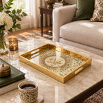 Ramadan Decorative Glass Serving Tray – Arabesque Letterform Scroll glass serving tray shown in a first styled room scene.
