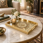 Ramadan Decorative Glass Serving Tray – Arabesque Letterform Scroll glass serving tray shown in a second styled room scene.