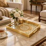 Ramadan Decorative Glass Serving Tray – Acanthus Fan Calligraphy glass serving tray shown in a first styled room scene.