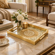 Ramadan Decorative Glass Serving Tray – Acanthus Fan Calligraphy glass serving tray shown in a first styled room scene.