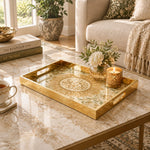 Ramadan Decorative Glass Serving Tray – Acanthus Fan Calligraphy glass serving tray shown in a second styled room scene.