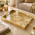Ramadan Decorative Glass Serving Tray – Acanthus Fan Calligraphy glass serving tray shown in a product view.