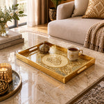 Ramadan Decorative Glass Serving Tray – Filigree Calligraphy Roundel glass serving tray shown in a first styled room scene.
