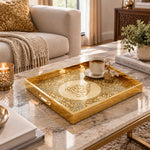 Ramadan Decorative Glass Serving Tray – Filigree Calligraphy Roundel glass serving tray shown in a second styled room scene.