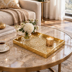 Ramadan Decorative Glass Serving Tray – Foliate Calligraphy Scroll glass serving tray shown in a first styled room scene.