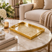 Ramadan Decorative Glass Serving Tray – Foliate Calligraphy Scroll glass serving tray shown in a second styled room scene.