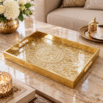 Ramadan Decorative Glass Serving Tray – Foliate Calligraphy Scroll glass serving tray shown in a product view.