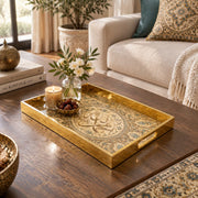 Ramadan Decorative Glass Serving Tray – Arabesque Medallion Tiles glass serving tray shown in a second styled room scene.