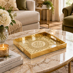 Ramadan Decorative Glass Serving Tray – Beaded Calligraphy Roundel glass serving tray shown in a first styled room scene.