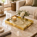 Ramadan Decorative Glass Serving Tray – Beaded Calligraphy Roundel glass serving tray shown in a second styled room scene.