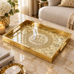 Ramadan Decorative Glass Serving Tray – Beaded Calligraphy Roundel glass serving tray shown in a product view.